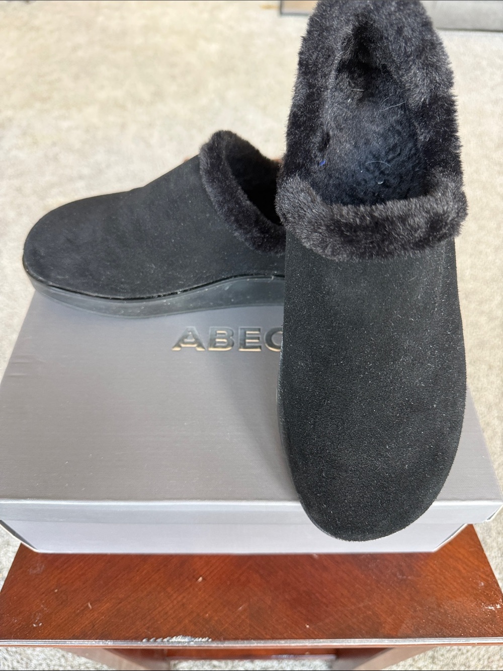 Abeo Black Faux-Suede Fur-Trim Slip-On Booties